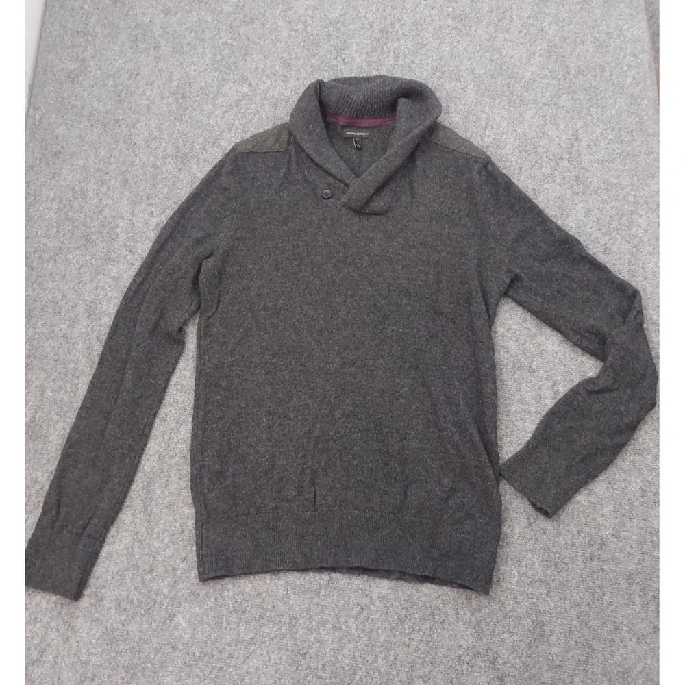 Banana Republic Wool Sweater Mens Large Tall Gray Shawl Collar Quilted Shoulders